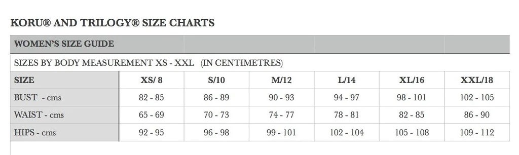 Koru & Trilogy Women's Size Chart